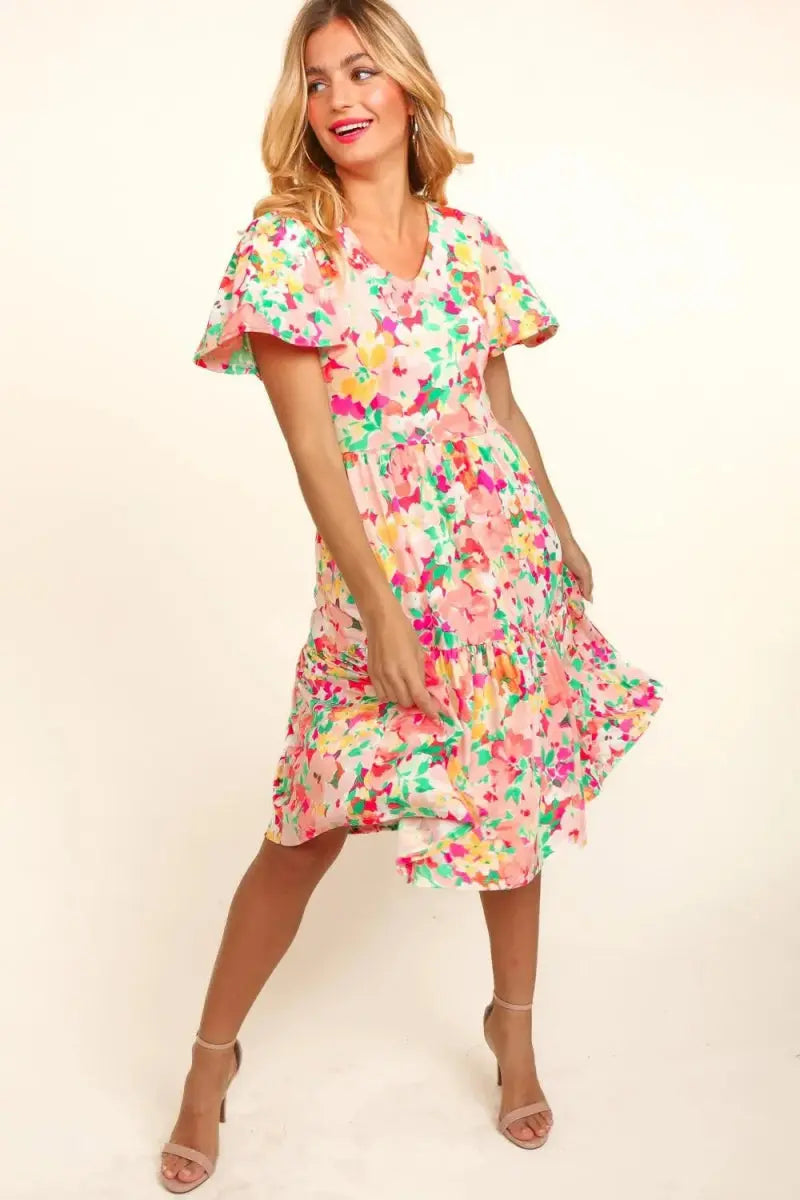 Haptics Tiered Floral Midi Dress with Pockets for Women - Love Salve